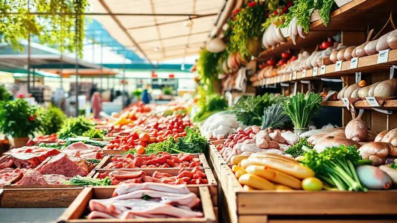 Uma pessoa escolhendo alimentos frescos e naturais em um mercado, simbolizando a opção por fontes naturais de creatina para uma dieta saudável.