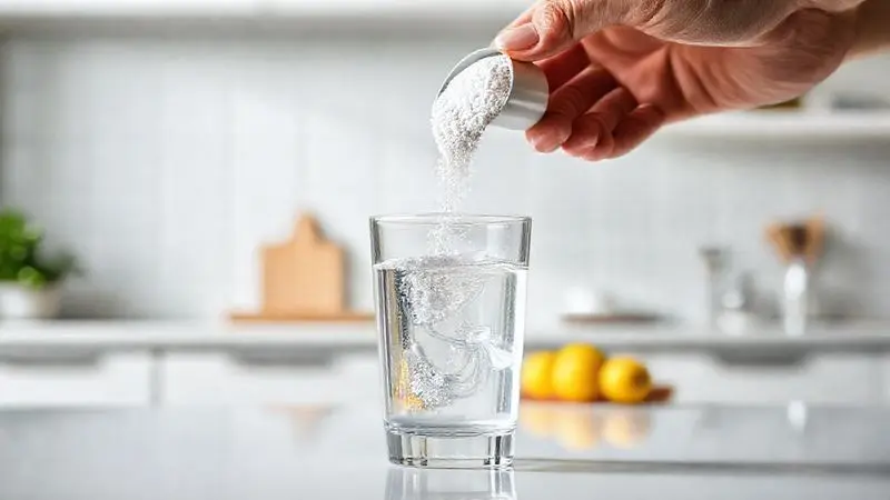 Pessoa preparando a dose correta de creatina, misturando o pó em um copo de água, que é a forma indicada de consumo para a saúde.