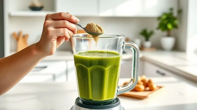 Pessoa adicionando uma colher de Maca Peruana em pó a um liquidificador, demonstrando uma forma de consumo do suplemento.
