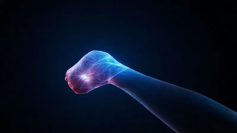 Ilustração conceitual de uma fibra muscular humana brilhando com energia, explicando a função da creatina no fornecimento de energia para os músculos.