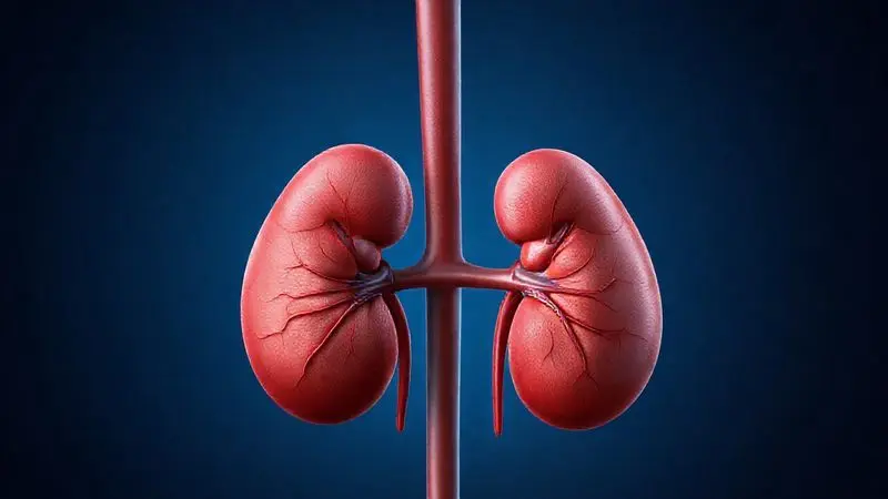 Ilustração médica fotorrealista mostrando rins humanos saudáveis, destacando a função renal e a produção de creatinina no organismo.