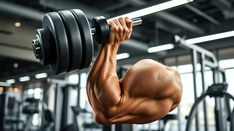 Atleta demonstrando força e ganho de massa muscular ao levantar um peso pesado, com os músculos do braço em evidência clara.