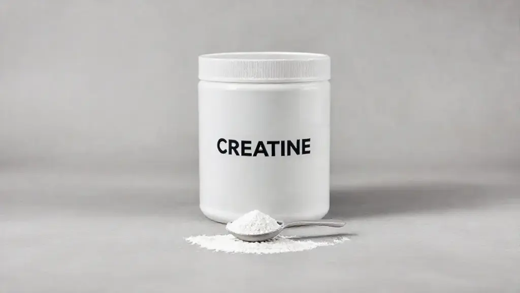 Pote de creatina monohidratada sem marca, com um medidor ao lado, destacando o suplemento em uma fotografia de estúdio profissional.