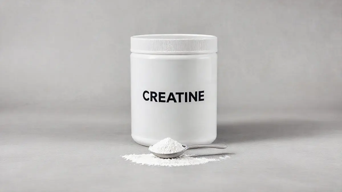 Pote de creatina monohidratada sem marca, com um medidor ao lado, destacando o suplemento em uma fotografia de estúdio profissional.