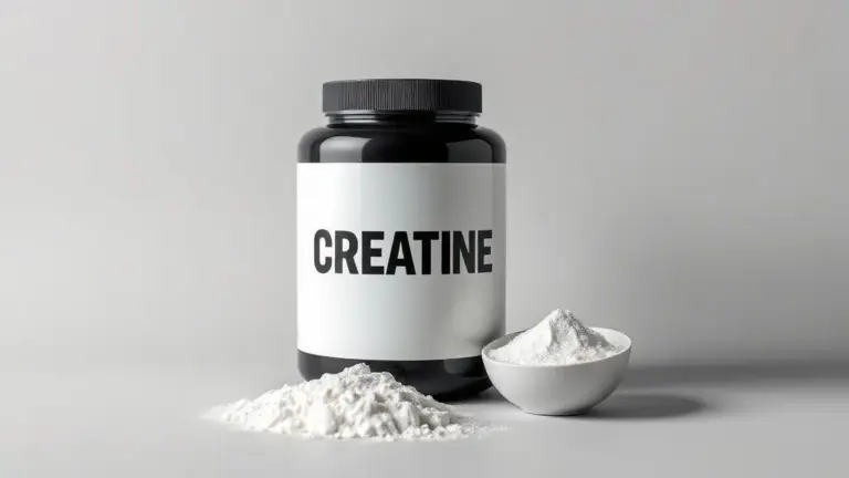 Pote de creatina sem marca com um dosador de pó ao lado em um fundo de estúdio, representando um guia sobre para que serve e como tomar o suplemento.