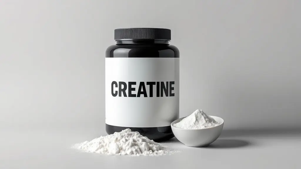 Pote de creatina sem marca com um dosador de pó ao lado em um fundo de estúdio, representando um guia sobre para que serve e como tomar o suplemento.