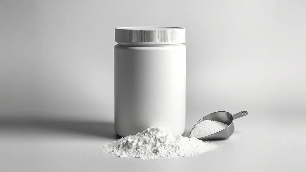 Pote de creatina sem marca e um medidor com o pó branco do suplemento em destaque, com iluminação de estúdio profissional, representando um guia sobre o suplemento.