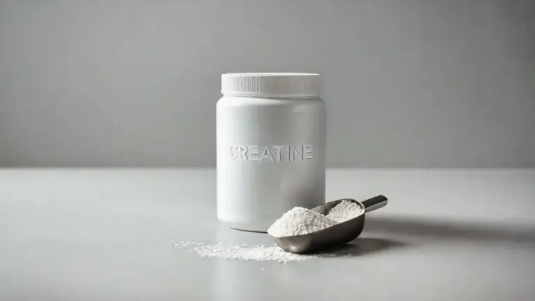 Pote de creatina sem marca e um medidor com o pó branco do suplemento em um fundo de estúdio, representando um guia completo sobre o suplemento.