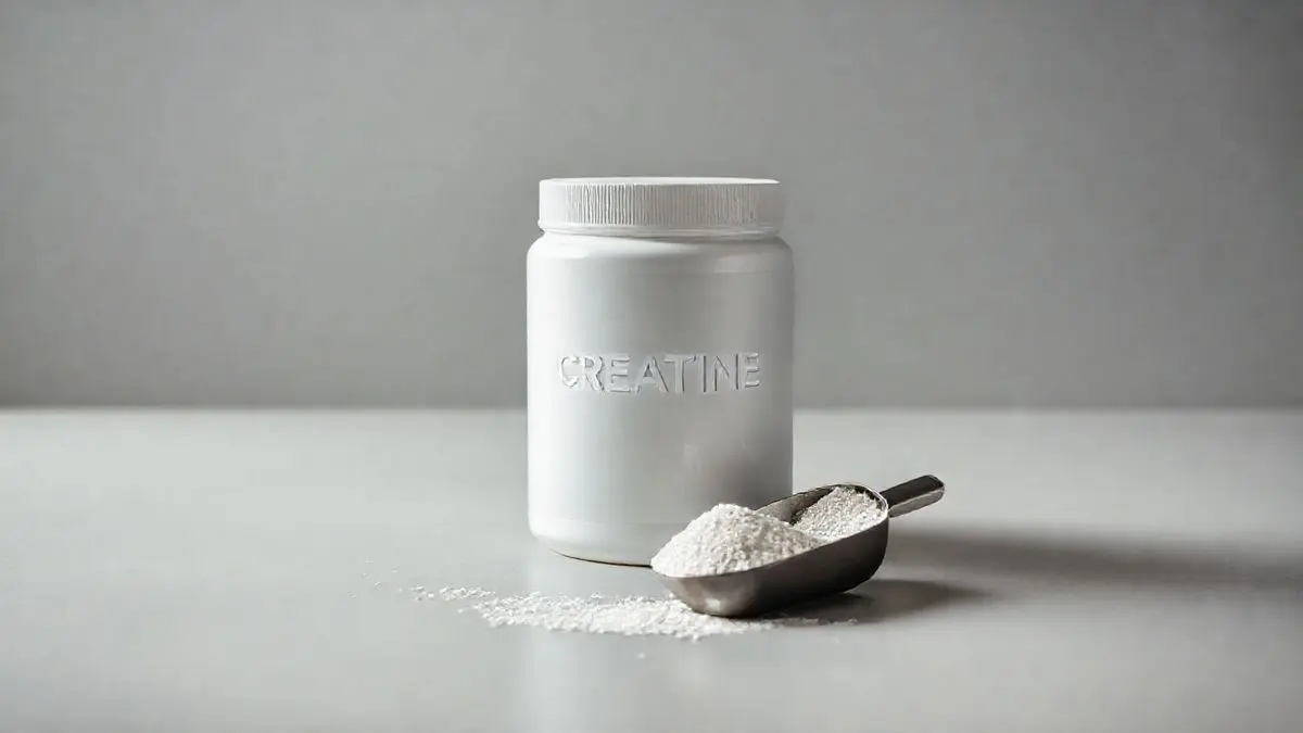 Pote de creatina sem marca e um medidor com o pó branco do suplemento em um fundo de estúdio, representando um guia completo sobre o suplemento.