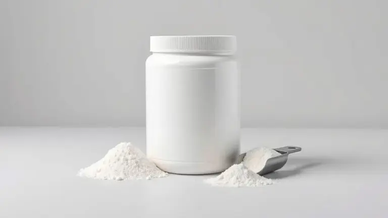 Pote de suplemento de creatina na cor branca e sem marca, perfeitamente centralizado ao lado de um dosador com o pó cristalino, em fundo de estúdio.