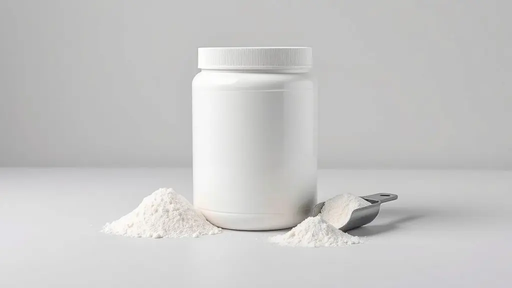 Pote de suplemento de creatina na cor branca e sem marca, perfeitamente centralizado ao lado de um dosador com o pó cristalino, em fundo de estúdio.