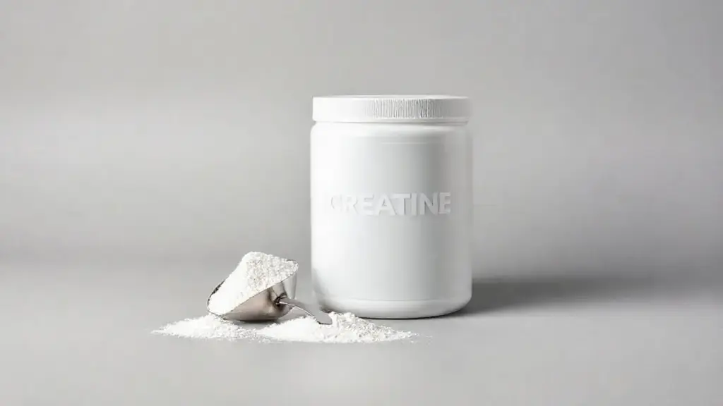Pote de creatina para iniciantes em fundo neutro, com um dosador ao lado, representando o guia completo sobre como tomar e dosar o suplemento.