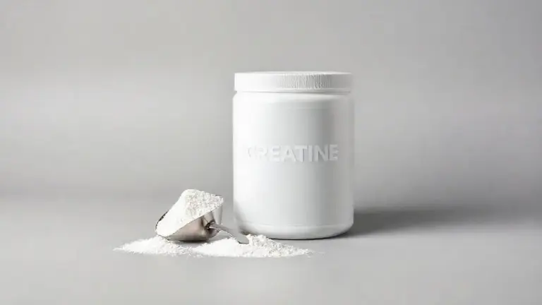 Pote de creatina para iniciantes em fundo neutro, com um dosador ao lado, representando o guia completo sobre como tomar e dosar o suplemento.