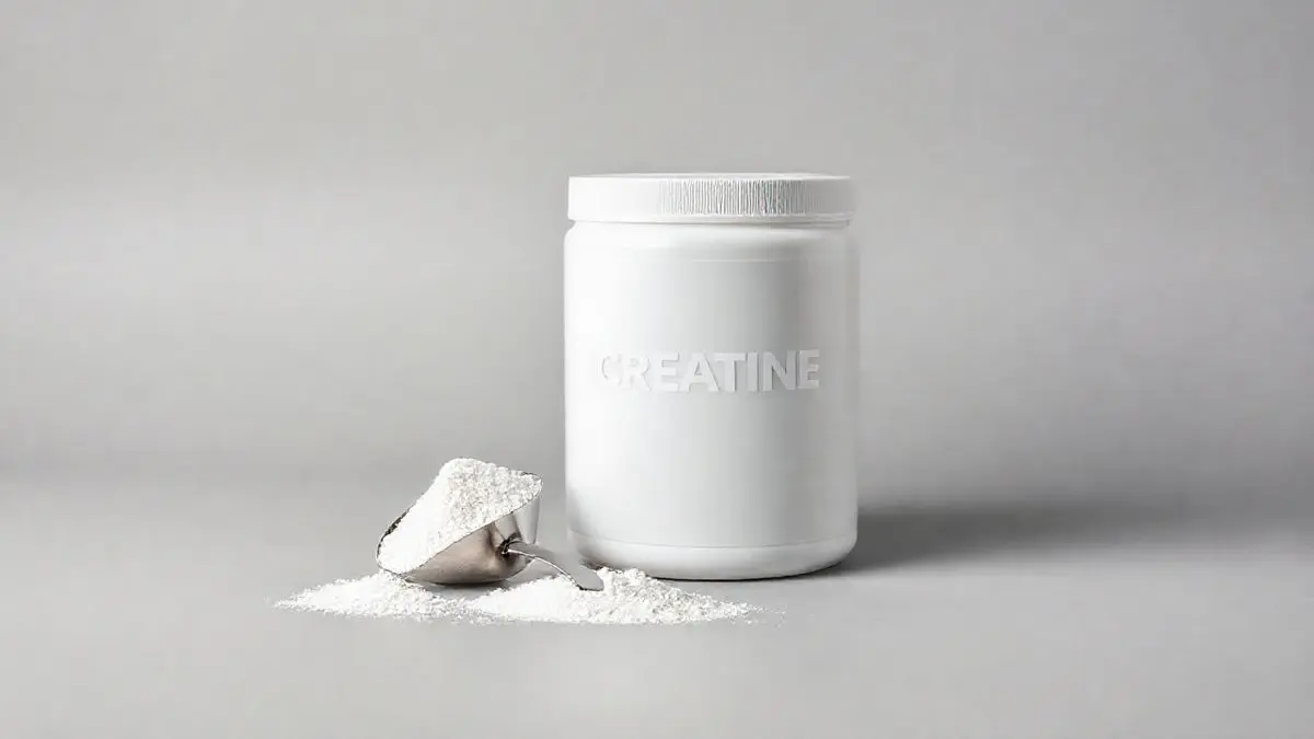 Pote de creatina para iniciantes em fundo neutro, com um dosador ao lado, representando o guia completo sobre como tomar e dosar o suplemento.