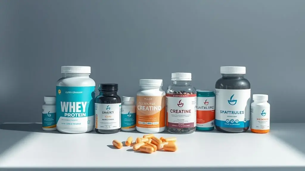 Composição profissional de frascos de suplementos variados, como whey protein e vitaminas, representando a suplementação segura e eficaz para quem vive com HIV.