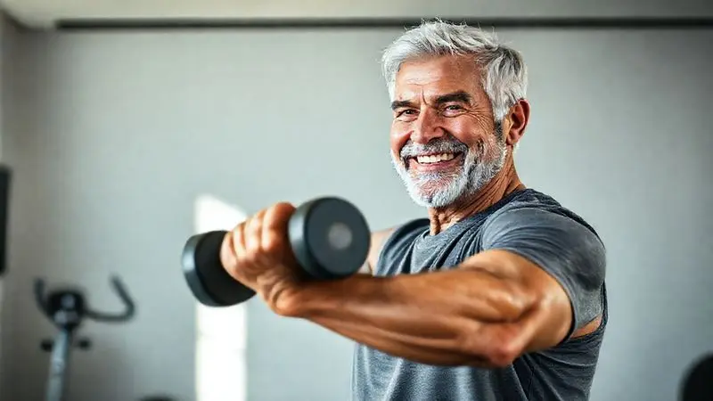 Idoso saudável praticando musculação com halteres em casa, demonstrando o benefício da creatina no aumento da força muscular e combate à sarcopenia.