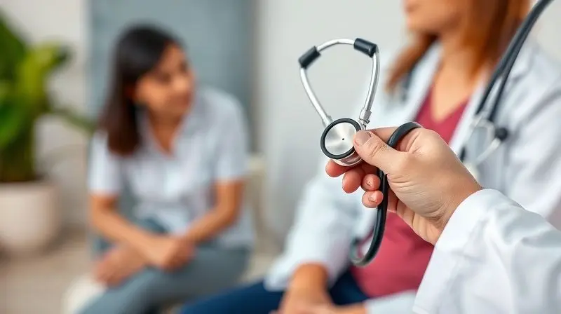 Um médico com estetoscópio e um paciente ao fundo, simbolizando a importância do acompanhamento profissional ao usar suplementos como a creatina.
