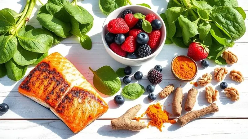 Mesa com uma variedade de alimentos que compõem uma dieta anti-inflamatória, como salmão, nozes e frutas vermelhas, benéfica para o lipedema.