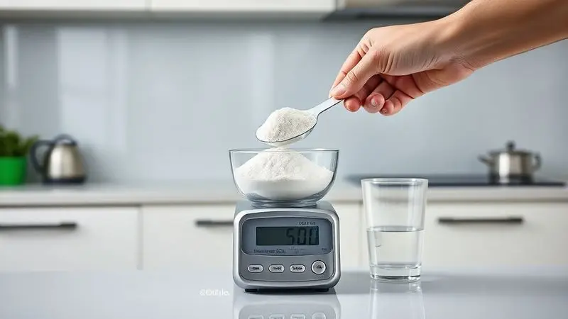 Mão medindo a dosagem correta de creatina em pó em uma balança digital de precisão, destacando a importância da dose certa para obter resultados.