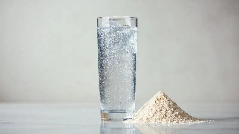 Copo de água com gotas de condensação ao lado de uma dose de creatina, destacando a importância de se manter hidratado ao usar o suplemento.