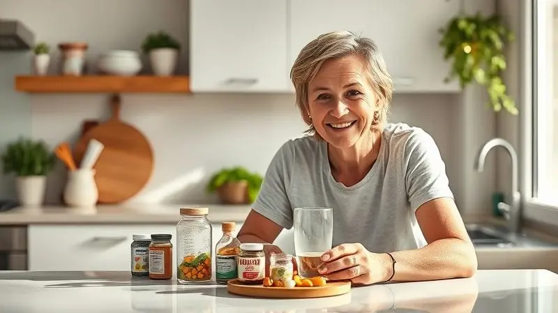 Pessoa com aparência saudável organizando suplementos diários em uma cozinha iluminada, simbolizando a importância da suplementação para quem vive com HIV.