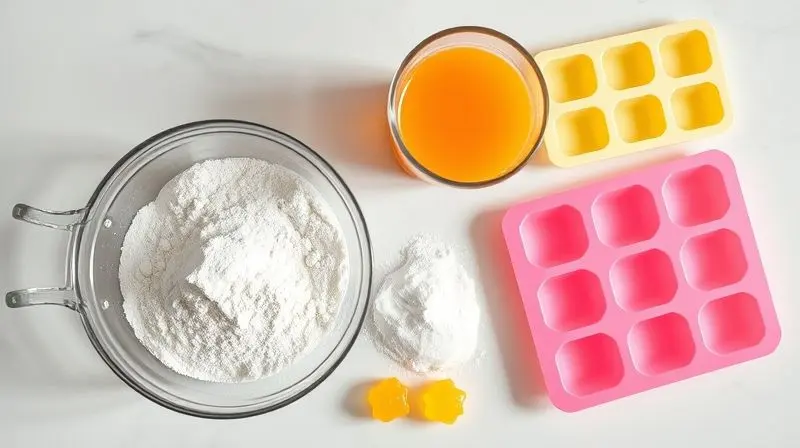 Ingredientes e equipamentos para fazer gomas de creatina, organizados em uma bancada, incluindo creatina, gelatina e moldes de silicone.