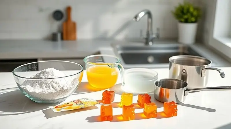Ingredientes e utensílios para fazer gomas de creatina em casa, incluindo pó de creatina, gelatina, suco e moldes de silicone organizados em uma bancada.