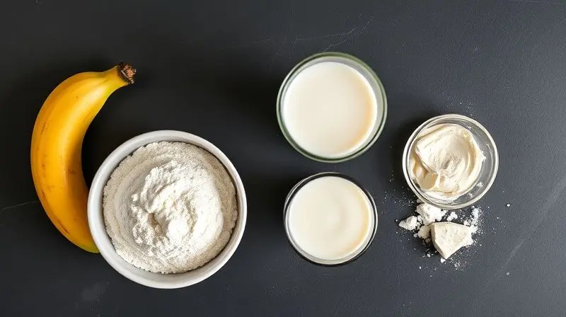 Ingredientes para o shake pré-treino dispostos em uma bancada: banana, creatina em pó, leite e proteína em pó.