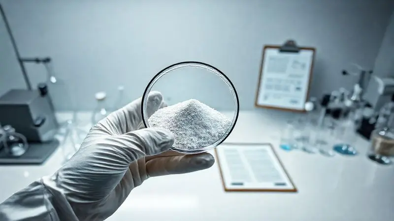 Análise laboratorial de uma amostra de creatina, simbolizando o laudo de pureza e a fiscalização da Anvisa sobre os suplementos.