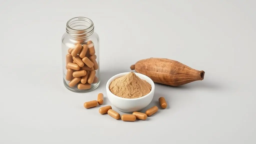 Imagem da raiz de Maca Peruana ao lado de um pote com cápsulas e um recipiente com o pó, ilustrando as formas de consumo do suplemento para saúde e bem-estar.