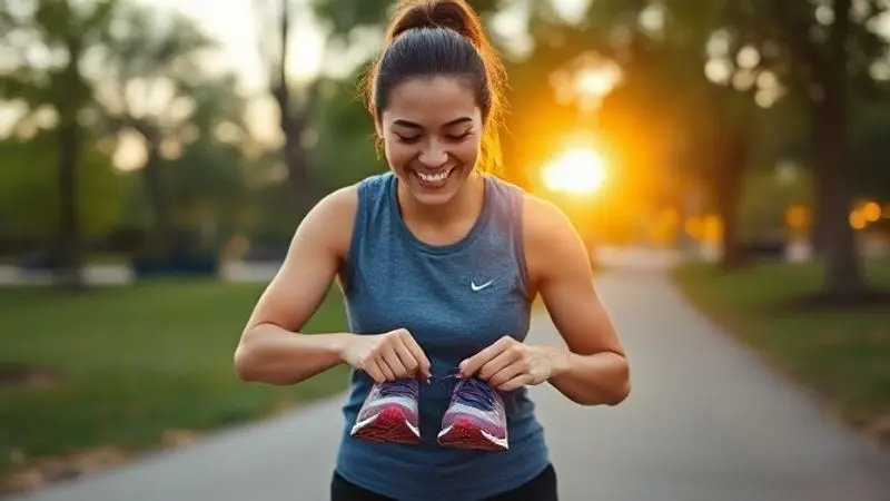 Mulher cheia de energia amarrando o tênis de corrida no parque, representando a disposição para treinos e atividades diárias.
