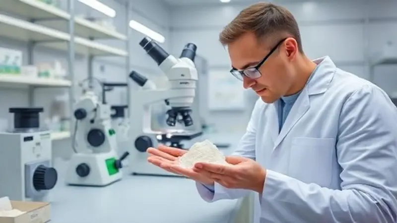 Cientista em um laboratório moderno analisando a qualidade de um suplemento em pó, representando a confiabilidade da marca.