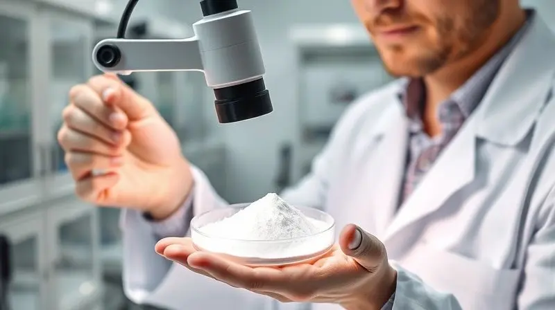 Imagem conceitual sobre a confiabilidade da marca Profit, mostrando uma análise de qualidade do pó de creatina em um ambiente de laboratório.