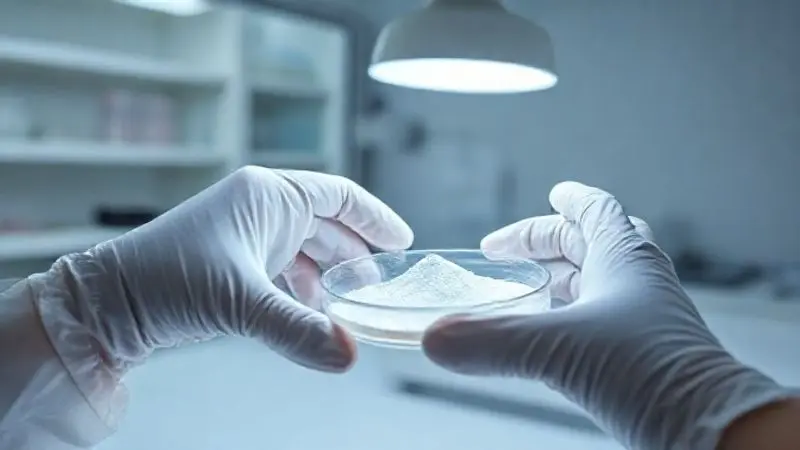 Cientista em um laboratório moderno analisando a qualidade e pureza de um suplemento, representando a confiabilidade e os laudos da marca TopWay.