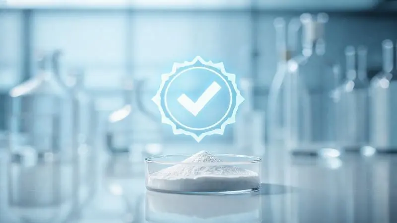 Conceito de confiança e qualidade da marca Vitafor, representado por um selo de aprovação em um ambiente de laboratório científico.