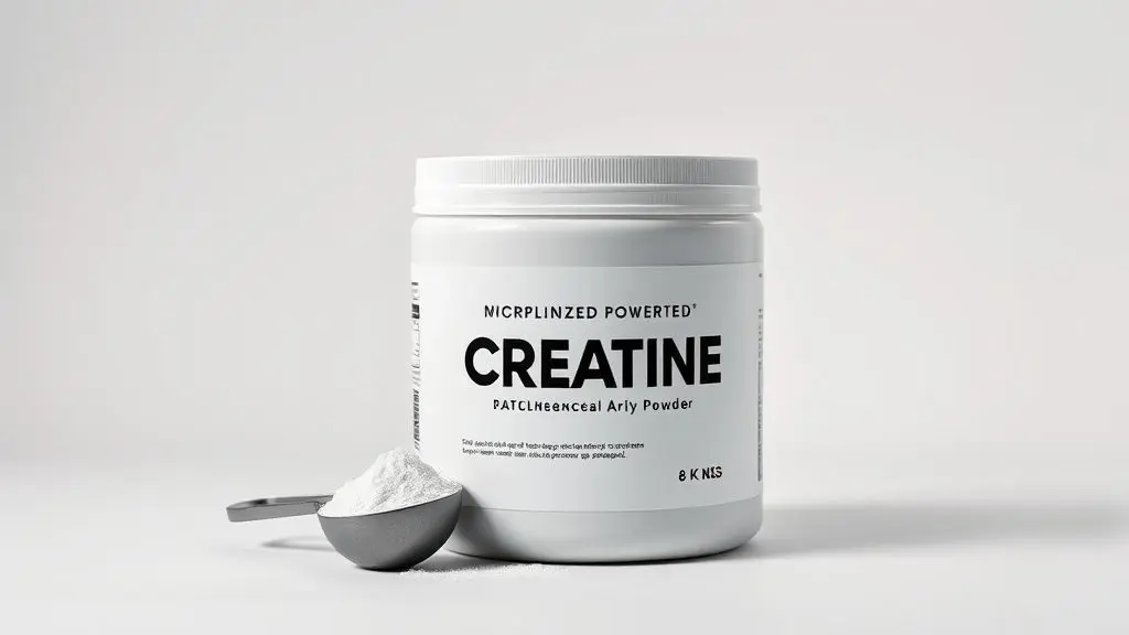 Pote branco de creatina micronizada com um medidor ao lado, representando um suplemento de alta qualidade para ganho de força e desempenho muscular.