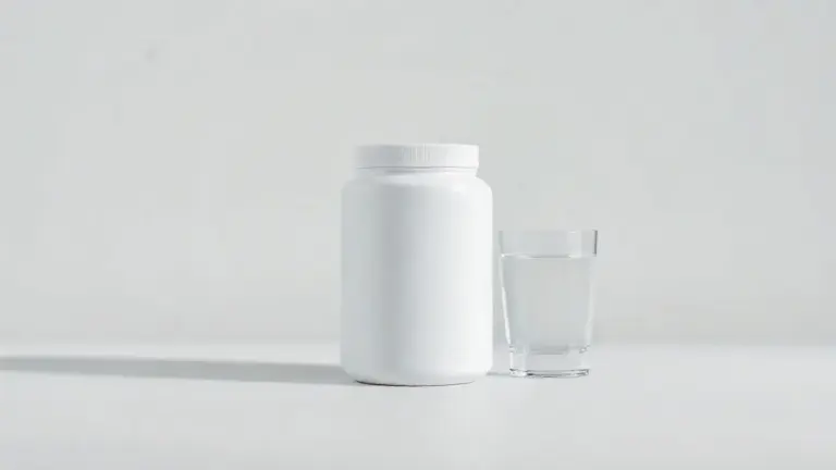 Pote de creatina em pó totalmente sem marca, posicionado ao lado de um copo de água, representando o guia sobre o suplemento para idosos.