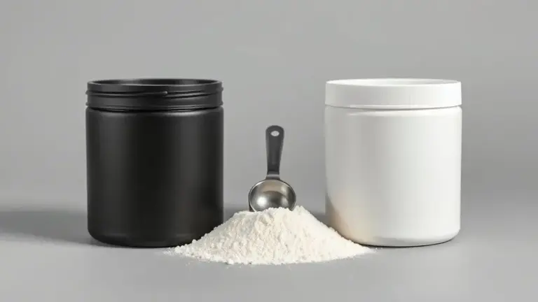Dois potes de creatina, um branco e um preto, lado a lado com um dosador de pó no centro, ilustrando a escolha entre creatina pura e monohidratada.