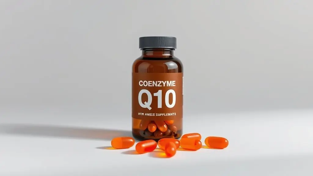 Frasco de suplemento de Coenzima Q10 com algumas cápsulas ao lado, destacando os benefícios do nutriente para a saúde, energia e pele.
