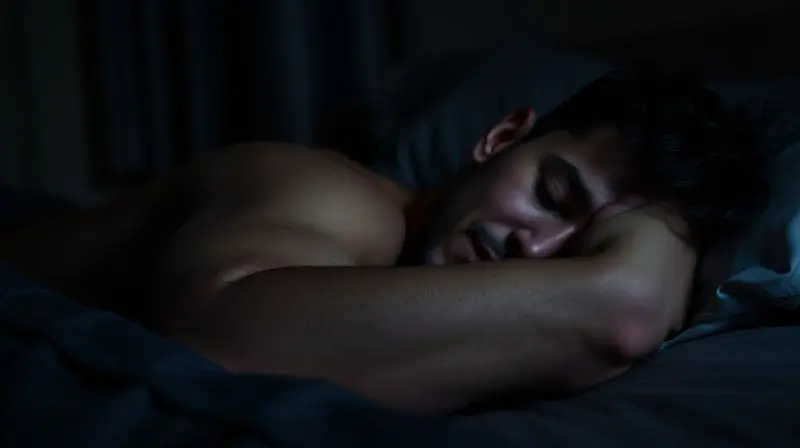 Um atleta dormindo profundamente em sua cama, com uma suave luz dourada sobre os músculos, simbolizando a melhora na recuperação muscular noturna.