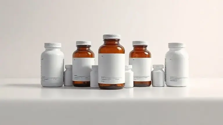 Uma coleção de frascos de suplementos sem marca dispostos em uma superfície limpa, representando as melhores alternativas e substitutos para a creatina.