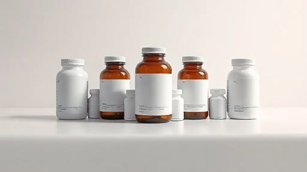 Uma coleção de frascos de suplementos sem marca dispostos em uma superfície limpa, representando as melhores alternativas e substitutos para a creatina.