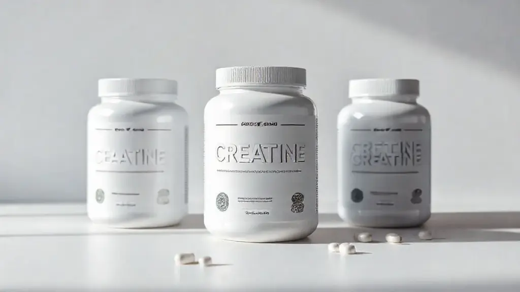 Três tipos de creatina da Growth em destaque: a monohidratada em pó, a Creapure® e a versão em comprimidos, dispostos em um fundo de estúdio profissional.
