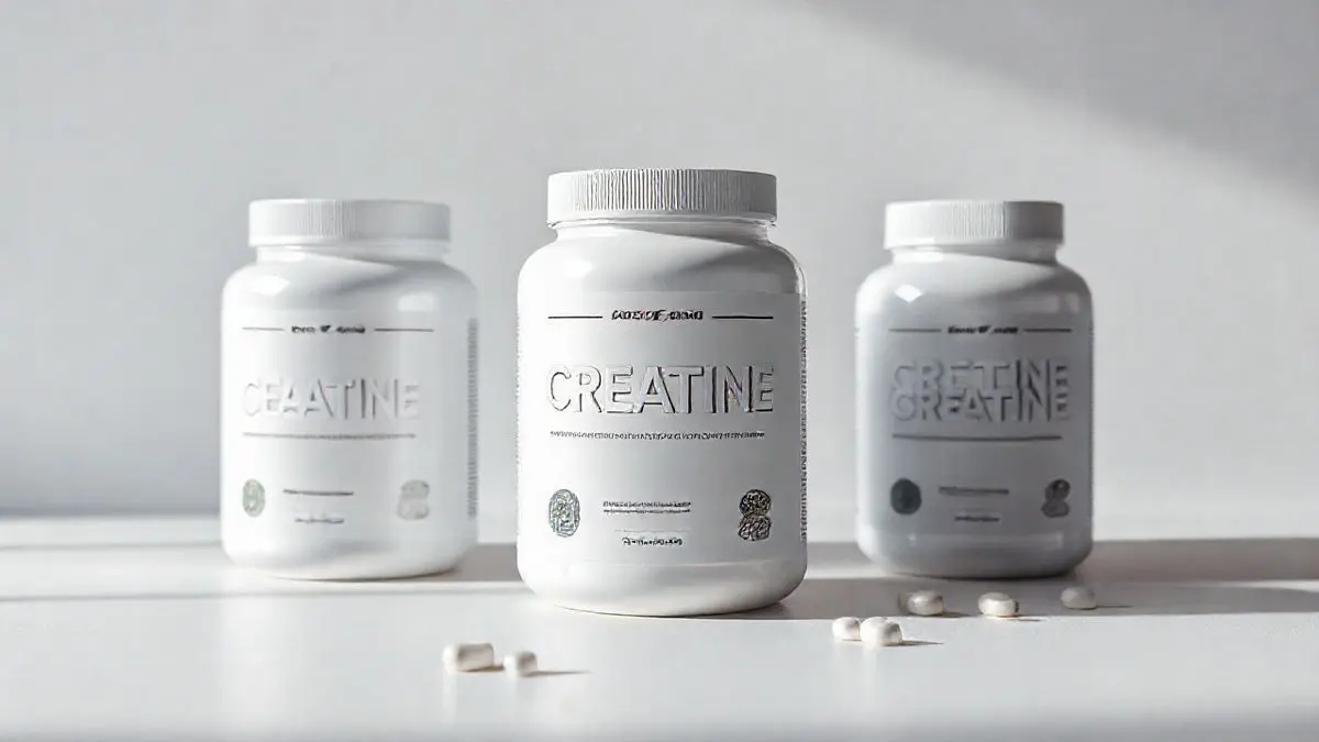 Três tipos de creatina da Growth em destaque: a monohidratada em pó, a Creapure® e a versão em comprimidos, dispostos em um fundo de estúdio profissional.