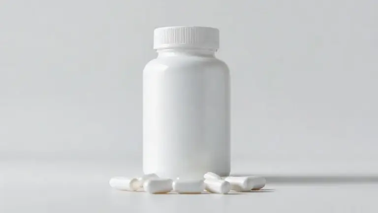 Pote genérico de creatina em cápsulas sobre uma superfície limpa, representando as melhores marcas do suplemento para ganho de força e massa muscular.