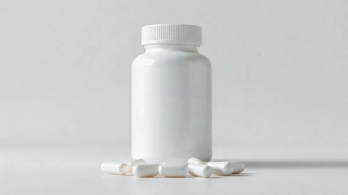 Pote genérico de creatina em cápsulas sobre uma superfície limpa, representando as melhores marcas do suplemento para ganho de força e massa muscular.