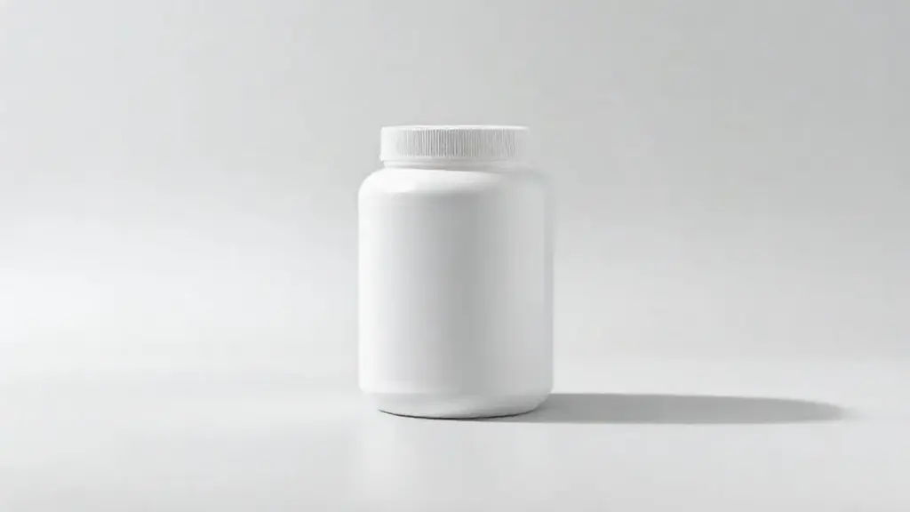 Pote branco de creatina de alta qualidade em um fundo limpo, representando as melhores opções de suplementos para ganho de força e massa muscular.