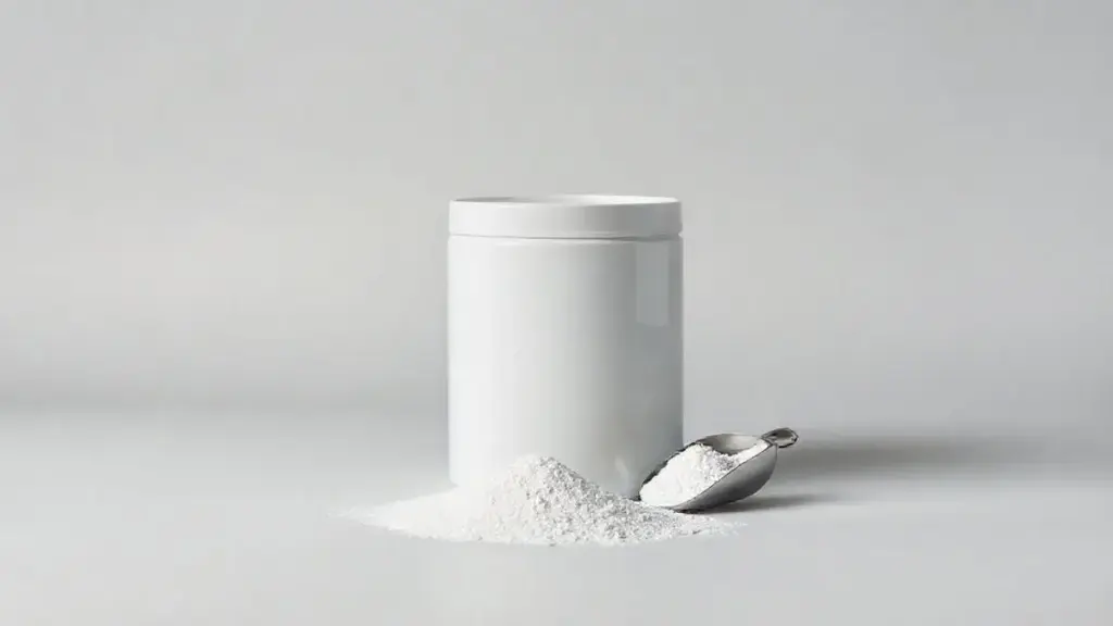 Pote de creatina em pó, totalmente branco e sem marca, com um dosador ao lado, representando as melhores marcas de creatina do mercado.