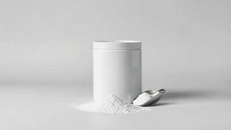 Pote de creatina em pó, totalmente branco e sem marca, com um dosador ao lado, representando as melhores marcas de creatina do mercado.