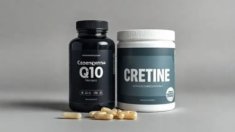 Potes de suplementos de Coenzima Q10 em cápsulas e Creatina em pó sobre uma superfície neutra, representando os melhores suplementos para energia e força.